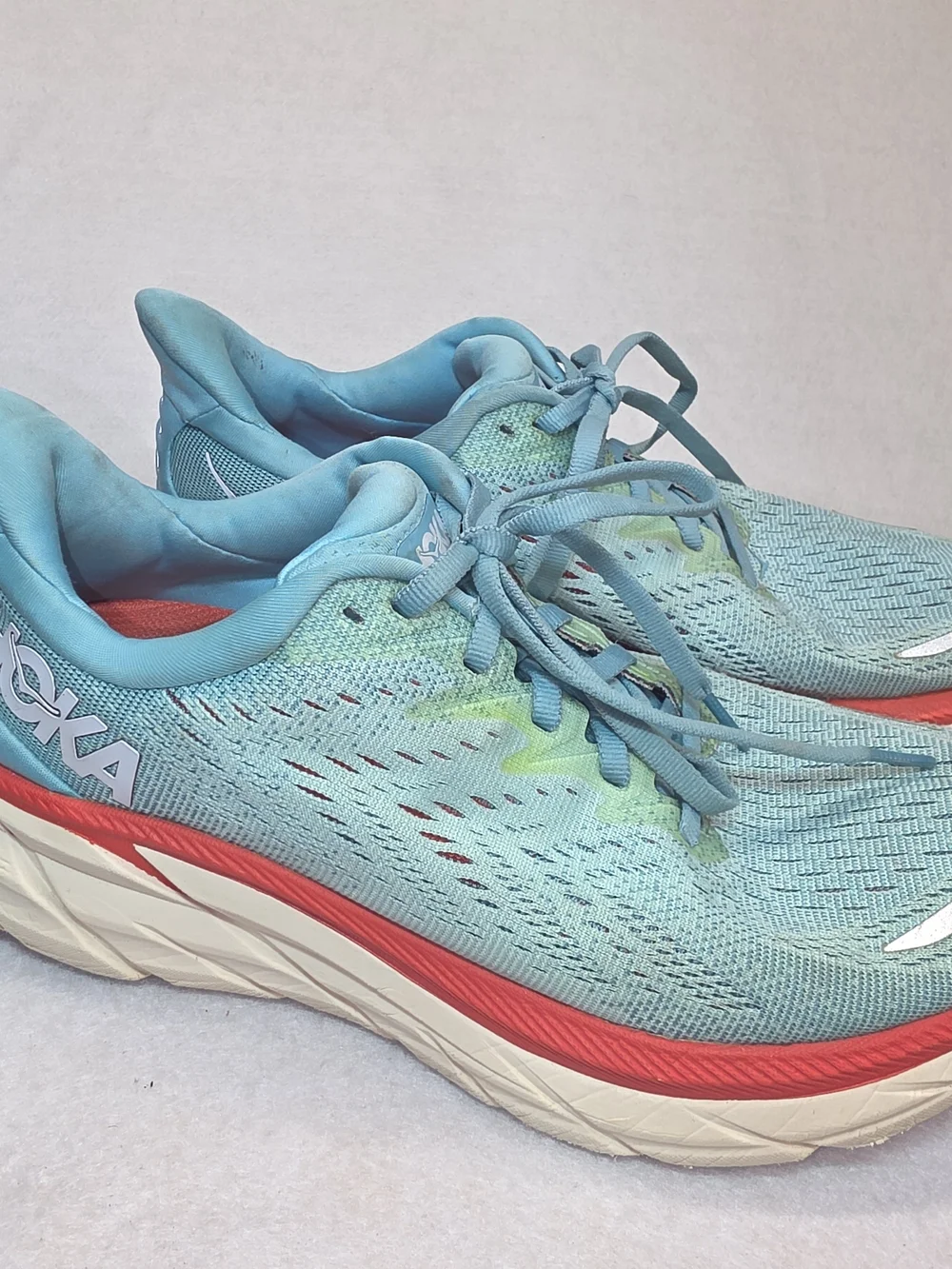 Hoka Clifton Teal Blue Running Shoes with Coral Accent size 7D